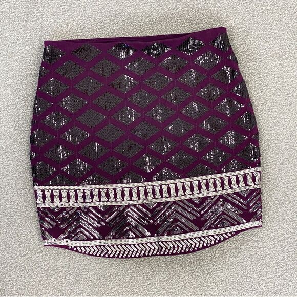 Express Geometric Diamond Print Sequin Bodycon Mini Skirt Purple Black XS - Picture 2 of 8